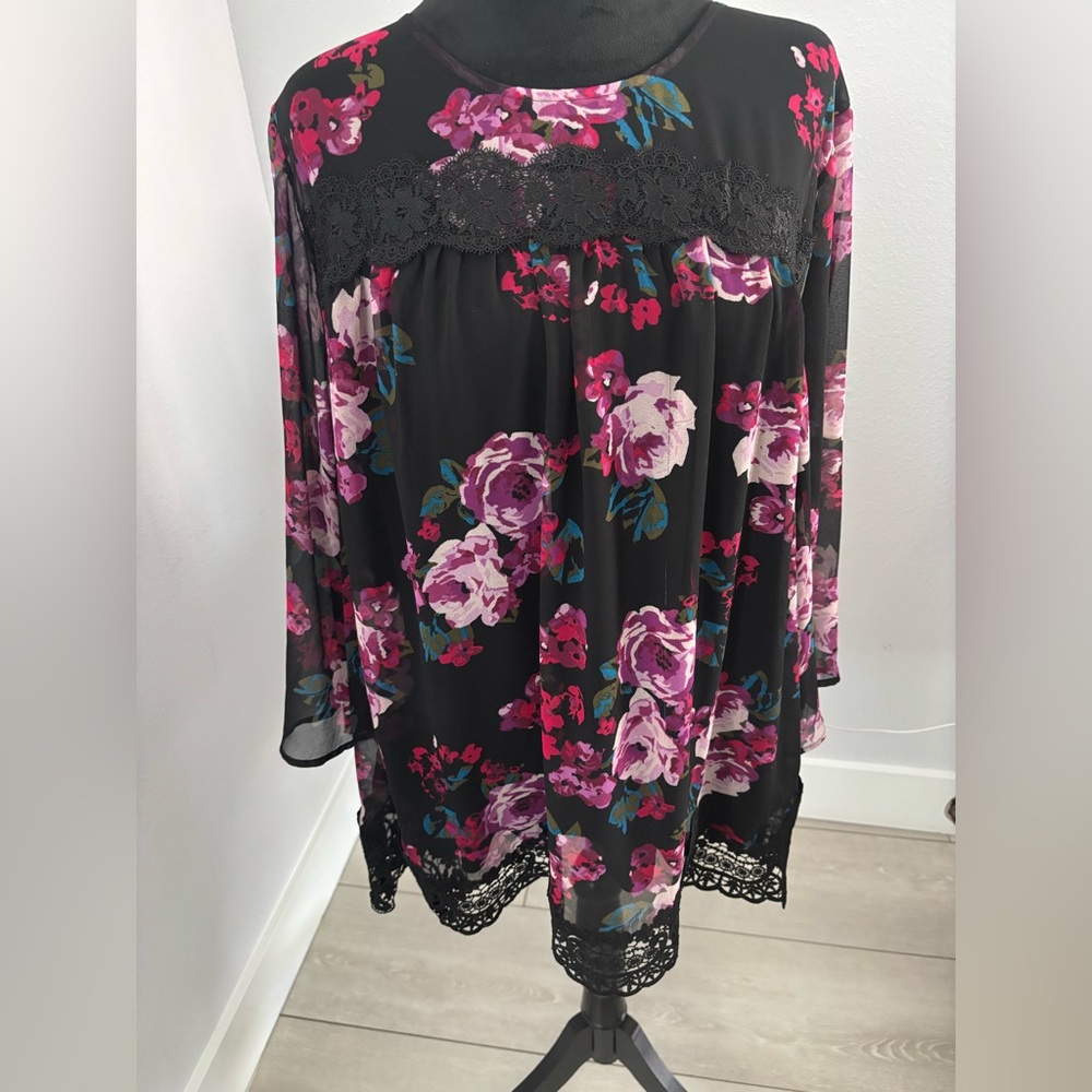 Lane Bryant Plus Black Floral 3/4 Sleeve Tunic Top Blouse Lace#800